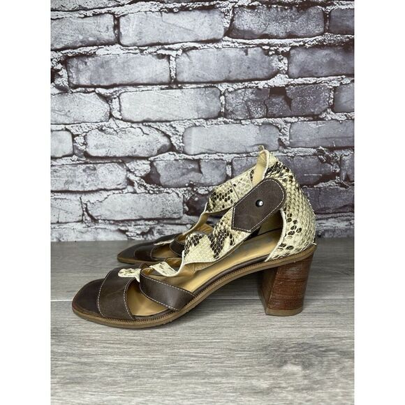 Fidji Ivory Leather Snake Skin Anke Strap Print Brown Heel Sandals Women 38.5EU - Picture 14 of 16